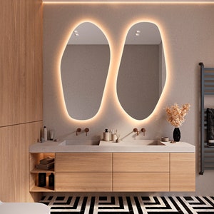 Miroir de salle de bain avec éclairage LED, Miroir de chambre à coucher asymétrique avec éclairage LED, Miroir décoratif lumineux, Grand miroir mural de forme irrégulière image 3