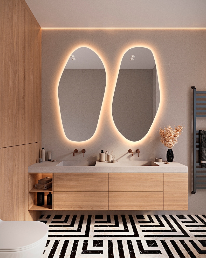 Miroir de salle de bain avec éclairage LED, Miroir de chambre à coucher asymétrique avec éclairage LED, Miroir décoratif lumineux, Grand miroir mural de forme irrégulière image 3