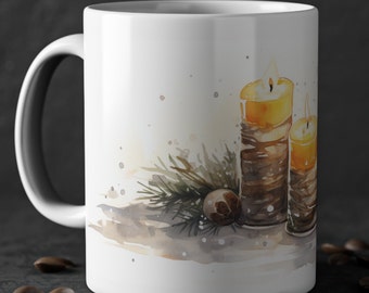 Christmas magic cup: Festive elegance with candles and fir branches - colorful, candles, gift for Christmas, mom, dad, children