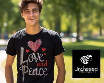 Love and Peace Graphic Tee — Distressed Heart Slogan Shirt, Graffiti Style T-Shirt, Valentine Gift, Unisex Organic Cotton
