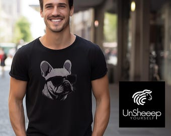 Distressed Graphic Tee French Bulldog — Frenchie Sunglasses Shirt, Dog Lover Gift, Unisex Organic T-Shirt