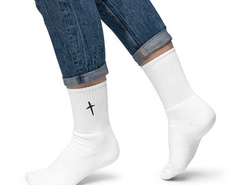 White socks with embroidered black cross, Casual unisex novelty socks