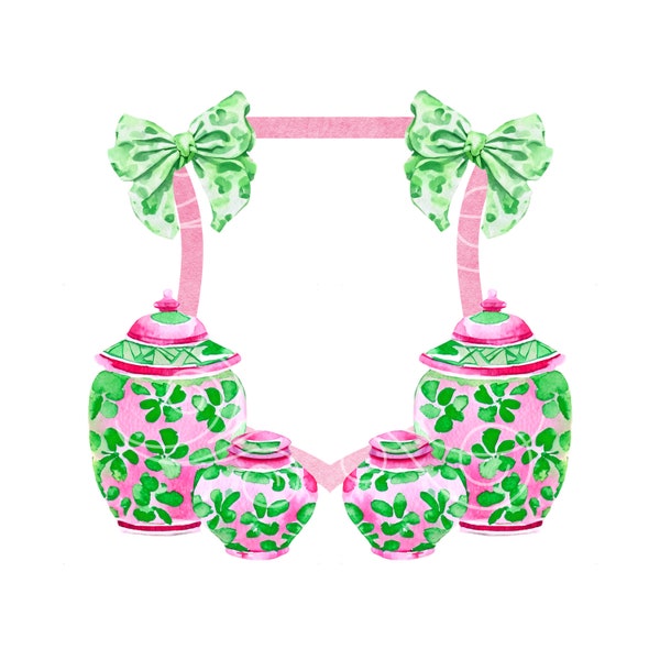 Preppy Pink and Green Ginger Jars Crest PNG Clip Art - Commercial Use