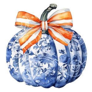 Blau-weißer Chinoiserie-Kürbis mit einer orange gestreiften Schleife - Halloween Herbst PNG Clip Art - Kommerzielle Nutzung