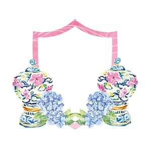 May include: A pink watercolor shield frame with blue and white porcelain ginger jars with floral designs and blue hydrangea flowers on either side.