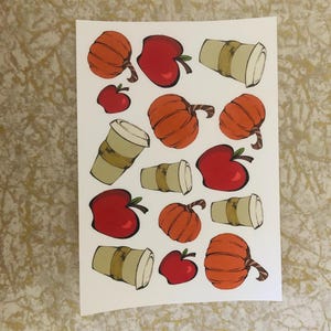 Fall Themed Half Sheet of Stickers: Coffee Cup, Apples, and Pumpkins.  Autumn Stickers.