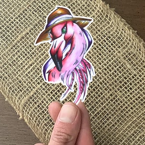Flamingo in Garden Hat Sticker: Waterproof Laminated Decal