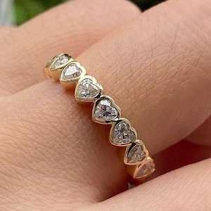 Heart Cut Colorless Moissanite Engagement Band, Full Eternity Delicate Band, Bezel Set Heart Matching Wedding Band In 14K Solid Yellow Gold