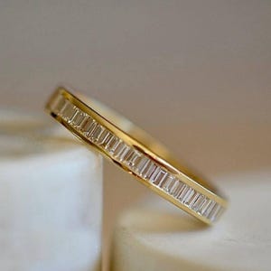 Baguette Cut Colorless Moissanite Engagement Ring, Half Eternity Stackable Wedding Band, 14K Yellow Gold Ring, Channel Set Anniversary Band