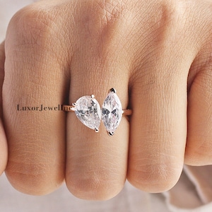 Toi Et Moi Engagement Ring, Marquise & Pear Cut Colorless Moissanite Wedding Ring, Two-Stone Ring In 14K Solid Rose Gold, Double Stone Ring