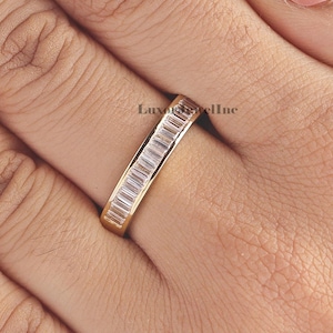 Channel Set Wedding Band/ Baguette Cut Colorless Moissanite Engagement Band/ Half Eternity Baguette Stacking Band In 14K Solid Yellow Gold