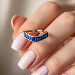 Baguette Sapphire Wedding Band, Channel Set Ring, Blue Sapphire Half Eternity Stackable Band, Wedding Band In 14K Yellow Gold, Curved Band