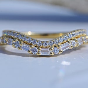 Contour Ring, Baguette Cut Colorless Moissanite Engagement Ring, Double Raw Band, Dot Dash Curved Wedding Band In 14K Solid Yellow Gold
