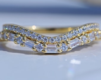 Contour Ring, Baguette Cut Colorless Moissanite Engagement Ring, Double Raw Band, Dot Dash Curved Wedding Band In 14K Solid Yellow Gold
