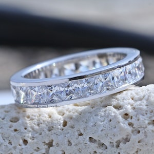 Channel Set Wedding Band, Princess Cut Colorless Moissanite Engagement Ring, Full Eternity Stacking Band In 14K Solid White Gold Princess
