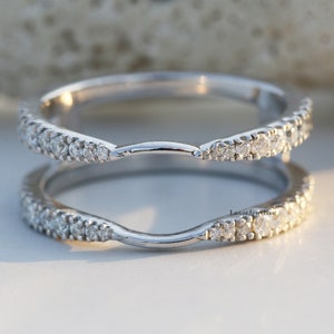 Curved Wrap Guard Ring, Round Colorless Moissanite Engagement Ring, Wedding Enhancer Aggie Moissanite Ring Jacket In 14K Solid White Gold