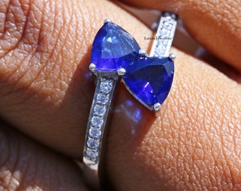 Two-Stone Swirl Ring/ Blue Trilliant Cut Diamond Wedding Ring/ Blue Sapphire Diamond Ring/ Bypass Wedding Ring In 10K/14K/18K White Gold