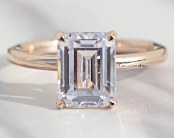 Solitaire Moissanite Ring In 14K Solid Rose Gold/ Emerald Cut Ring/ Wedding Ring/ 3.00 CT Emerald Cut Colorless Moissanite Engagement Ring