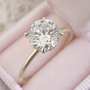 Hidden Halo Moissanite Wedding Ring, 2.5 CT Round Colorless Moissanite Engagement Ring In 14K Solid Yellow Gold, Solitaire Round Cut Ring