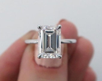 Moissanite Engagement Ring/ Solitaire Ring In 14K Solid White Gold/ 3.00 CT Emerald Cut Colorless Moissanite Wedding Ring/ Emerald Cut Ring