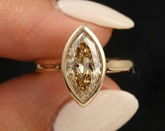 Brown Marquise Cut Lab Grown Diamond Ring, Elegant Solitaire Wedding Ring, 14K Yellow Gold Bezel Set Ring, Modern Engagement Gift For Women