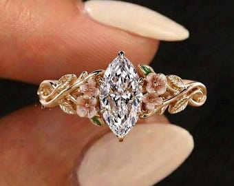 Modern Enamel Flower Ring, Botanical Floral Gold Ring, Marquise Cut Lab Grown Engagement Ring, 14K Gold Leafy Vine Nature Inspired Ring