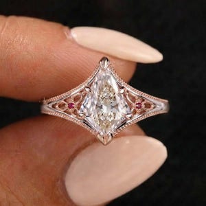 Gothic Ornate Open Work Ring, Floral Filigree Promise Ring, Kite Cut Lab Grown Diamond Ring, 14K Two Tone Gold Hand Crafted Ring For Her