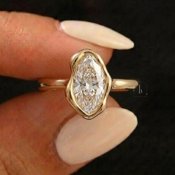 Beautiful Abstract Bezel Setting Ring, Moval Cut Lab Grown Diamond Ring, Modern Solitaire Wedding Ring, 14K Solid Gold Handmade Gift For Her