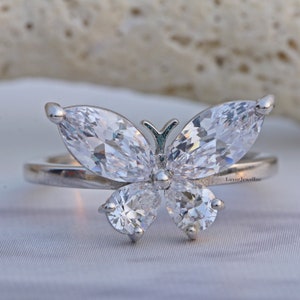 Butterfly Style Pear & Marquise Cut Colorless Moissanite Engagement Ring/ Luxury Fancy Butterfly Wedding Ring In 14K Solid White Gold