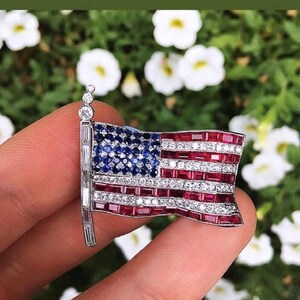 American USA Flag Brooch, Sapphire & Ruby Multi CZ Stone