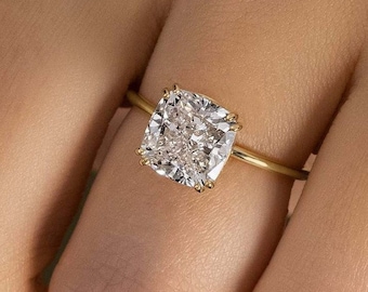 Cushion Solitaire Moissanite Ring In 14K Solid Yellow Gold, 3.00 Carat Cushion Cut Colorless Moissanite Engagement Ring, Cushion Cut Ring