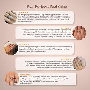 Pu&ograve; includere: Immagine con recensioni di clienti sugli anelli, con il testo "Real Reviews, Real Shine". Le recensioni evidenziano la qualit&agrave;, la brillantezza e l'incastonatura degli anelli. L'immagine mostra vari design di anelli.