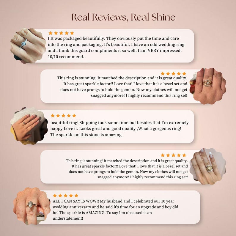 Pu&ograve; includere: Immagine con recensioni di clienti sugli anelli, con il testo "Real Reviews, Real Shine". Le recensioni evidenziano la qualit&agrave;, la brillantezza e l'incastonatura degli anelli. L'immagine mostra vari design di anelli.
