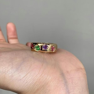 Flush Setting Stackable Band, Multi Shape Diamond Engagement Band, 14K Solid Yellow Gold Full Eternity Band, Colorful Family Birthstone Band