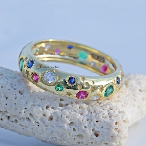 Full Eternity Band/ Flush Setting Band/ Multi Color Diamond Wedding Band/ Star Engagement Ring/ Eternity Stackable Band In 14K Yellow Gold