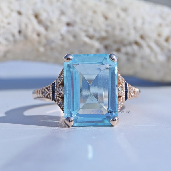 Sky Blue Topaz Engagement Ring/ 6 CT Blue Topaz Emerald Cut Diamond Wedding Ring/ Split Shank Milgrain Ring In 14K Gold/ Blue Sapphire Ring