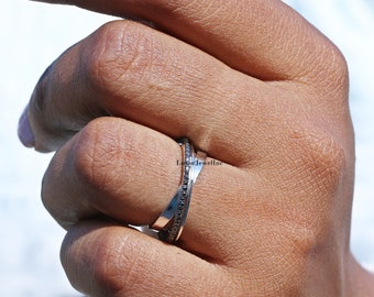 Black Moissanite Ring/ Criss Cross Ring/ Round Moissanite Engagement Ring/ Cross Over Wedding Ring In 14K White Gold/ Black Spinal Ring
