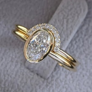 Bezel Set Wedding Ring, Curved Bridal Ring Sets, 3 CT Oval Cut Colorless Moissanite Engagement Ring, Solitaire Ring In 14K Solid Yellow Gold