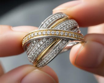 Multi Row Criss Cross Wedding Band, Stackable Half Eternity Band, Crossover Two Tone Gold Band, Round Colorless Moissanite Engagement Band