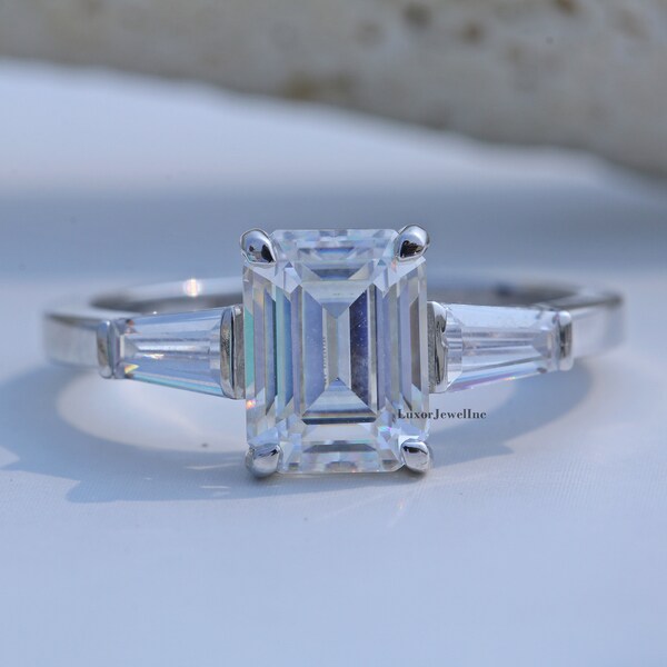 Past Present Future Engagement Ring/ 3.5 CT Emerald Cut Colorless Moissanite Engagement Ring/ Half Bezel Set Baguette Ring In 14K White Gold