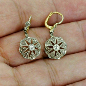 Antique Style Edwardian Floral Lever Back Earrings, Round Cut White Diamond Art Deco Earrings, Two-Tone 935 Argentium Silver 1920's Earrings