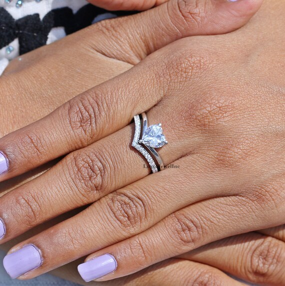 Ring Sets Heart Shape Diamond Engagement Ring Chevron Band Solitaire Ring in 14K Solid White Gold Forever Promise Band Matching Band Etsy Canada