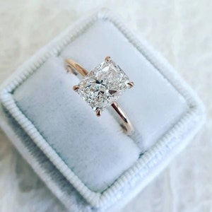 Solitaire Moissanite Ring/ 3 CT Elongated Cushion Cut Colorless Moissanite Engagement Ring/ Wedding Ring In 14K Rose Gold/ Hidden Halo Ring