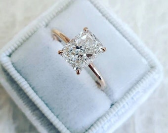 Solitaire Moissanite Ring/ 3 CT Elongated Cushion Cut Colorless Moissanite Engagement Ring/ Wedding Ring In 14K Rose Gold/ Hidden Halo Ring
