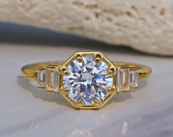 Baguette Five Stone Moissanite Ring/ Round Colorless Moissanite Engagement Ring/ Half Bezel Set Moissanite Wedding Ring In 14K Yellow Gold