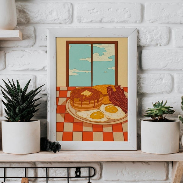 American Breakfast Retro Poster | Vintage Wall Art | Pancake Poster | Bacon Art | Eggs | Kitchen Wall Decor | Foodie Gift | Restaurant Art