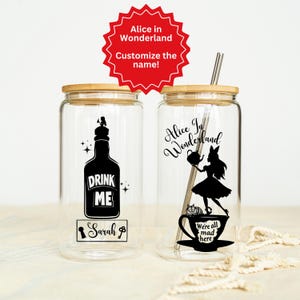 Personalized Alice in Wonderland 16oz Frosted or Clear Glass Can, Personalized Water Tumbler, Alice in Wonderland Gift, Literary Gift