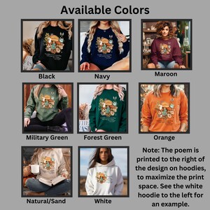 Peut inclure: Plusieurs sweatshirts et un sweat &agrave; capuche de couleurs vari&eacute;es : noir, bleu marine, bordeaux, vert militaire, vert for&ecirc;t, orange, naturel/sable et blanc. Chaque v&ecirc;tement pr&eacute;sente un motif floral et champignon avec du texte. Le texte est imprim&eacute; &agrave; droite sur les sweats &agrave; capuche.