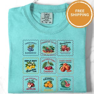 Summer Fruit Stamp Tshirt, Comfort Colors Farmers Market Stamp Shirt, Trendy Farmer&#39;s Market Shirt, Cottage Core, Gift for Gardener