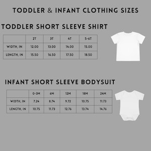 Peut inclure: Un tableau affichant les tailles de v&ecirc;tements pour tout-petits et b&eacute;b&eacute;s. Les tailles de chemises &agrave; manches courtes pour tout-petits sont indiqu&eacute;es avec des largeurs de 30,48 &agrave; 38,10 cm et des longueurs de 39,37 &agrave; 46,99 cm. Les tailles de bodies &agrave; manches courtes pour b&eacute;b&eacute;s sont &eacute;galement indiqu&eacute;es.